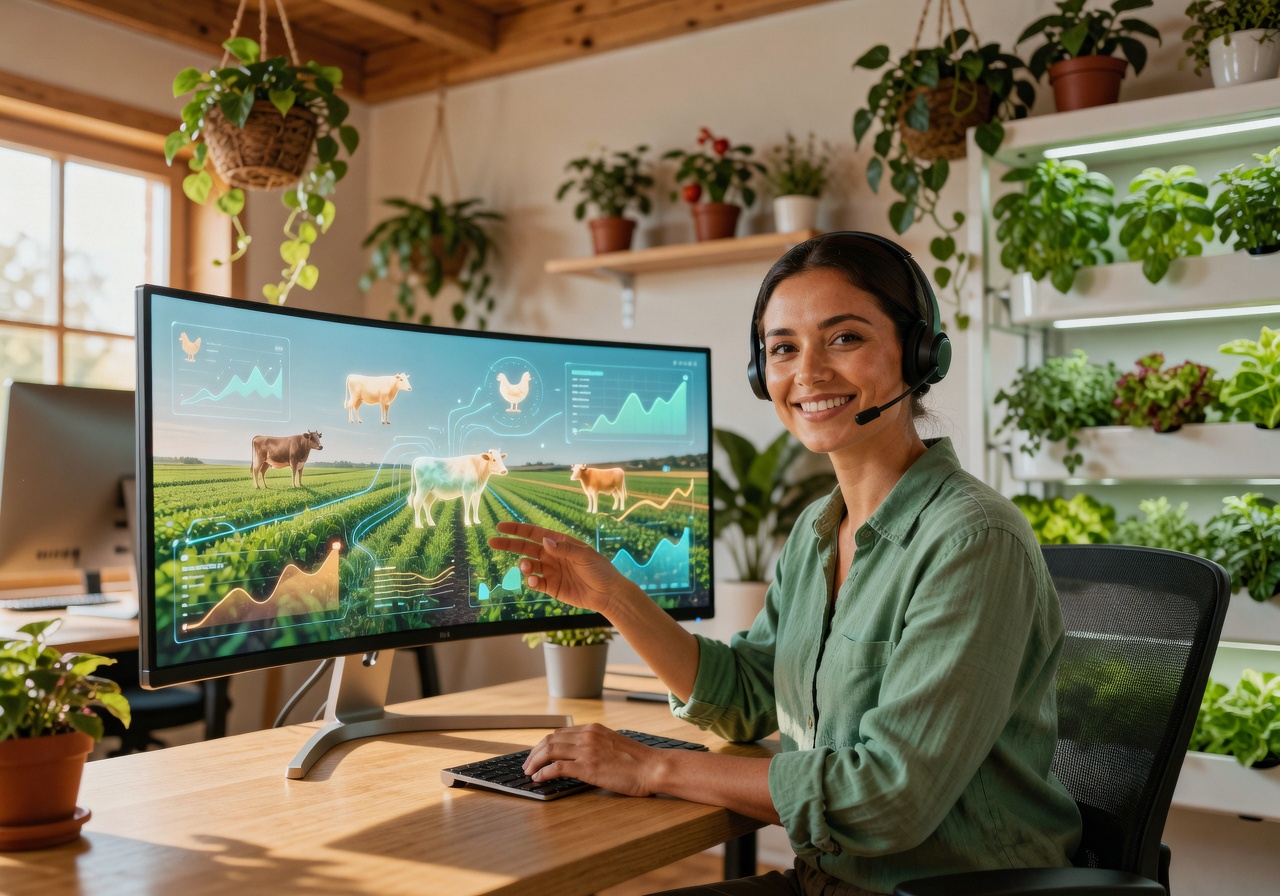 Friendly customer support agent in a digital farm office setting helping users