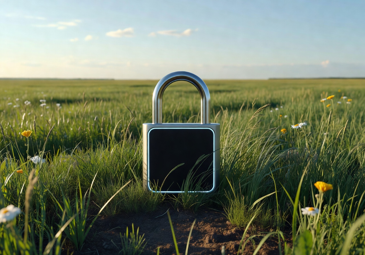 Digital padlock in a green farm field symbolizing secure user data