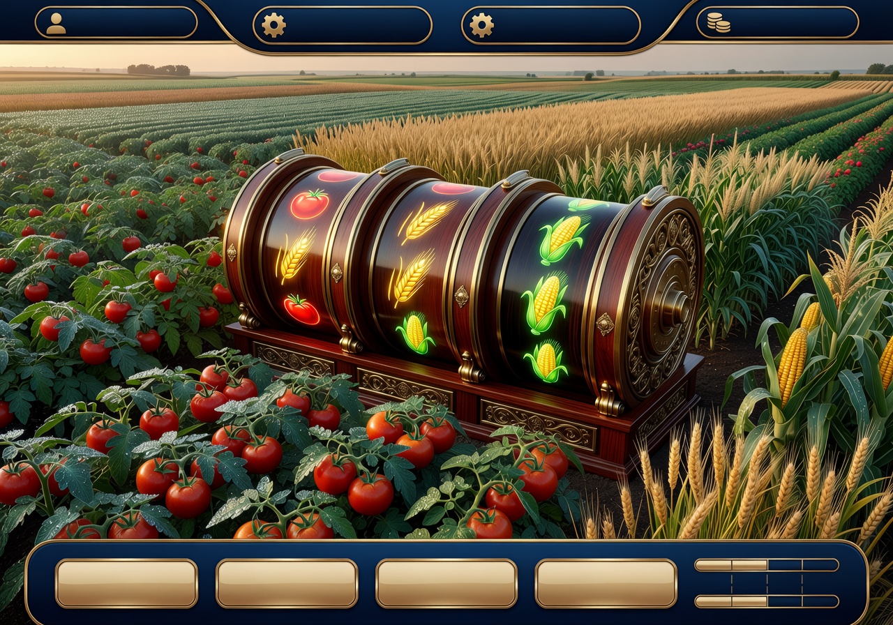 Premium social casino farm user interface showing crops and slot reels